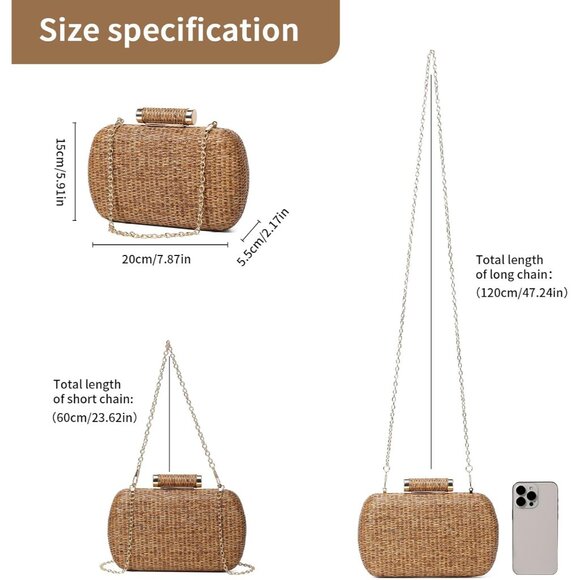 Brown Straw Clutch Purse Women's Hand-Woven Wicker Evening Bag for Summer Weddin - Picture 2 of 7